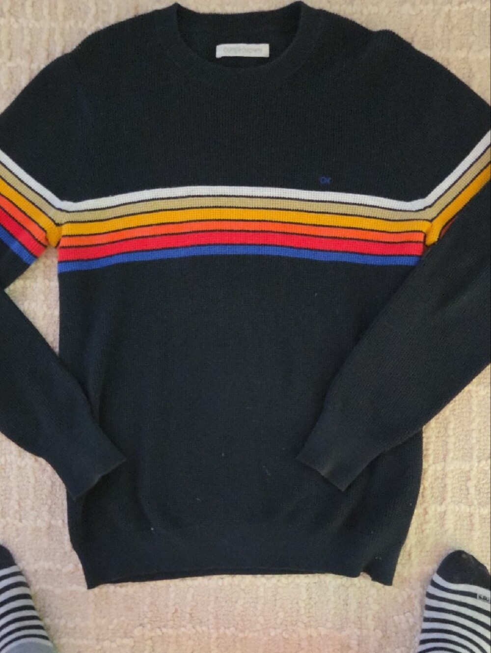 Outerknown Nostalgic Striped Waffle Knit Sweater Black Rainbow Men's Large - Picture 5 of 6